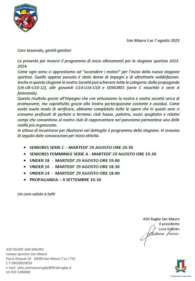 comunicato inizio stagione convocazioni